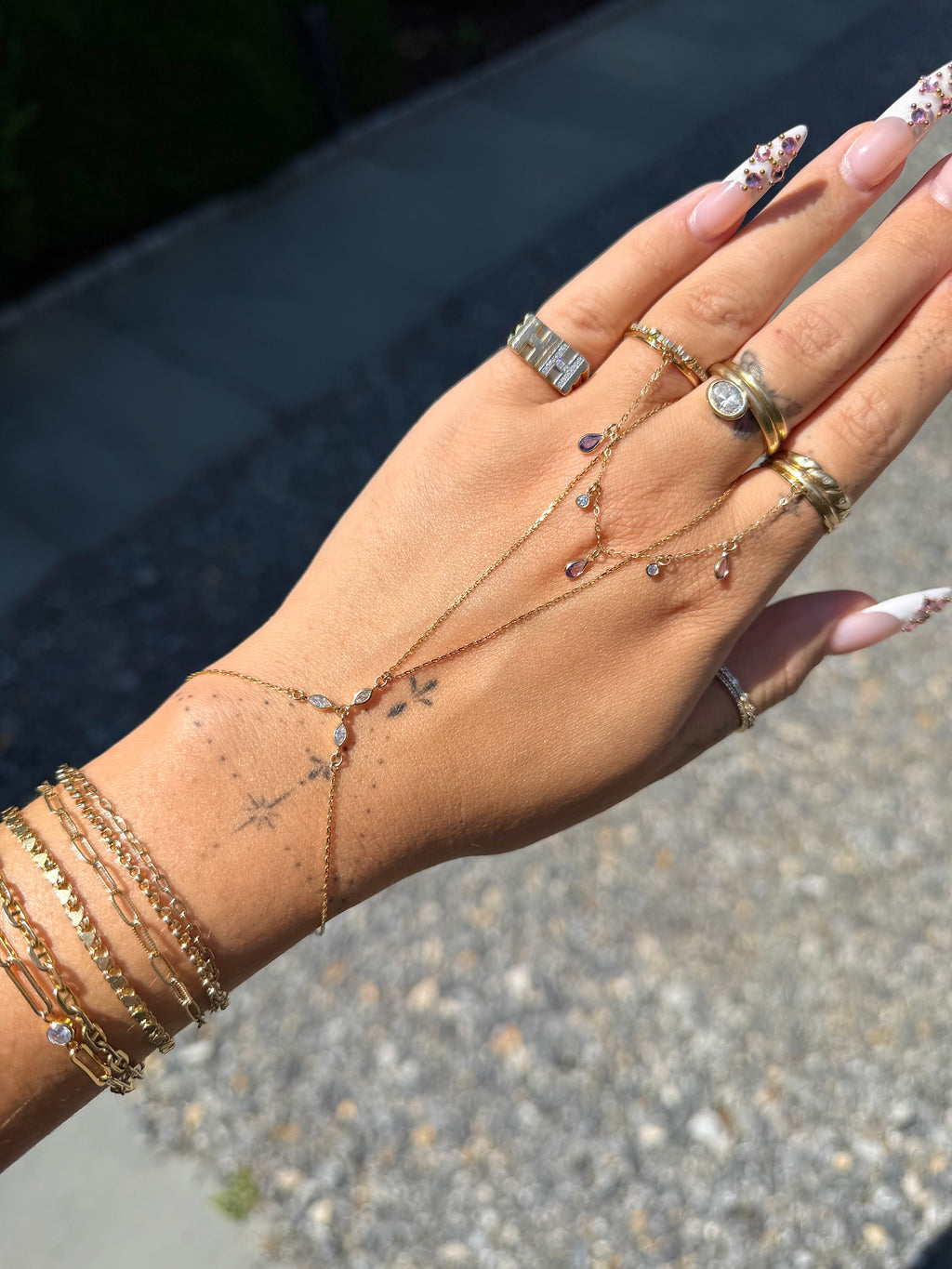 14k Gold Triple Lab-Grown Marquise Diamond Handchain