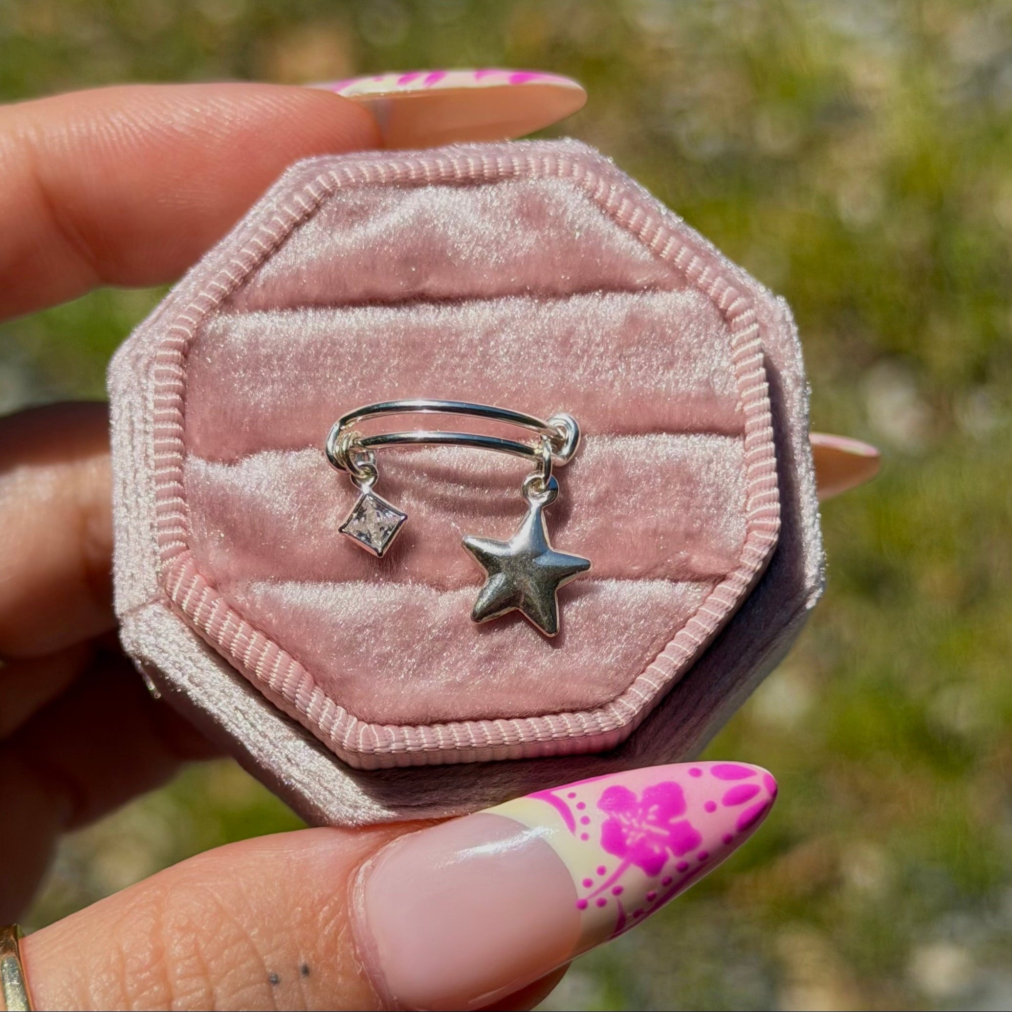 Star & CZ Dangle Adjustable Charm Ring - Sterling Silver