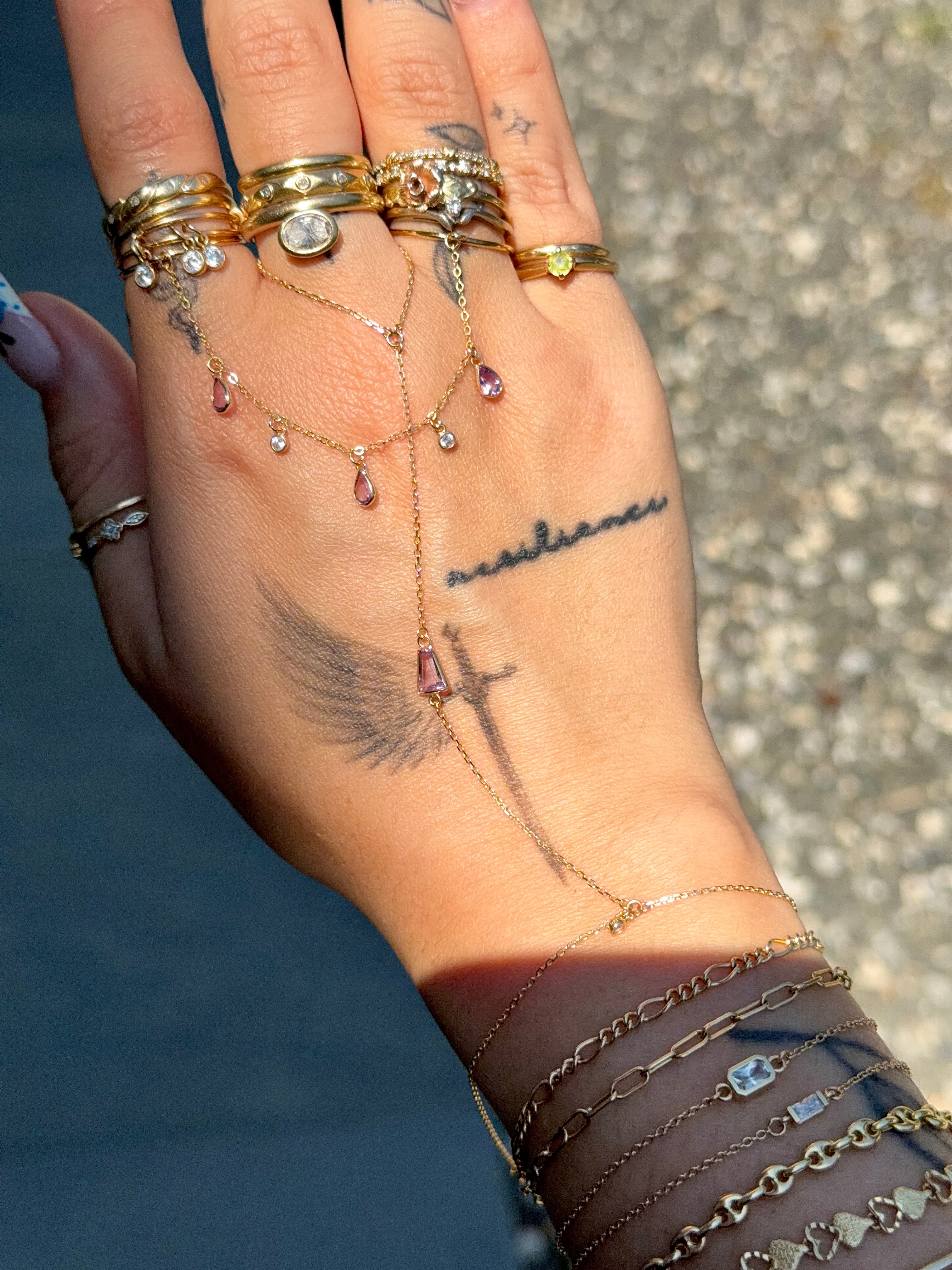 14k Gold Gemstone Finger Chain
