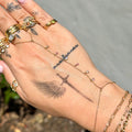Hand with multiple gold rings and bracelets, featuring a small tattoo on the palm.