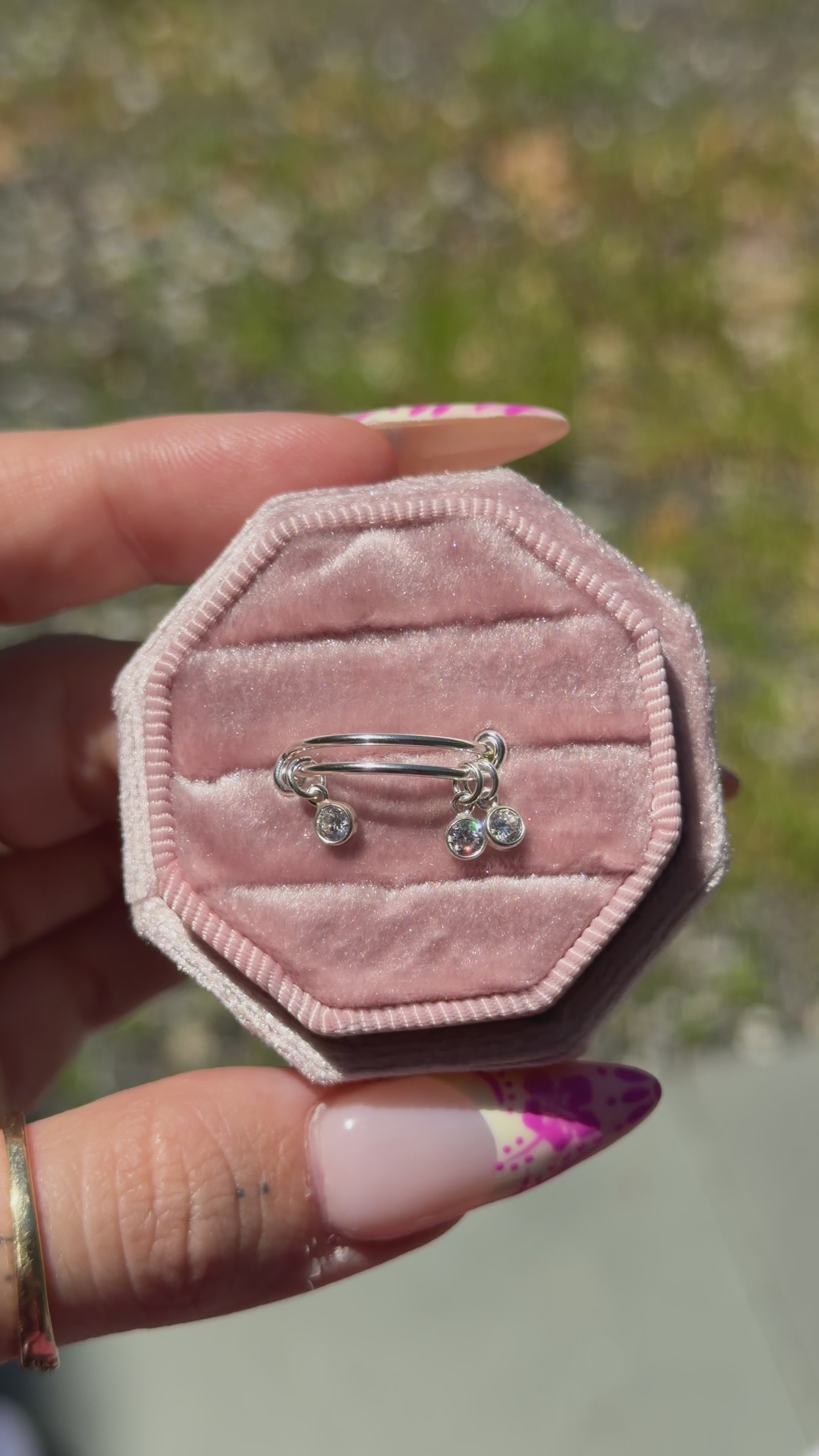 3 Charm CZ Dangle Adjustable Ring - Sterling Silver