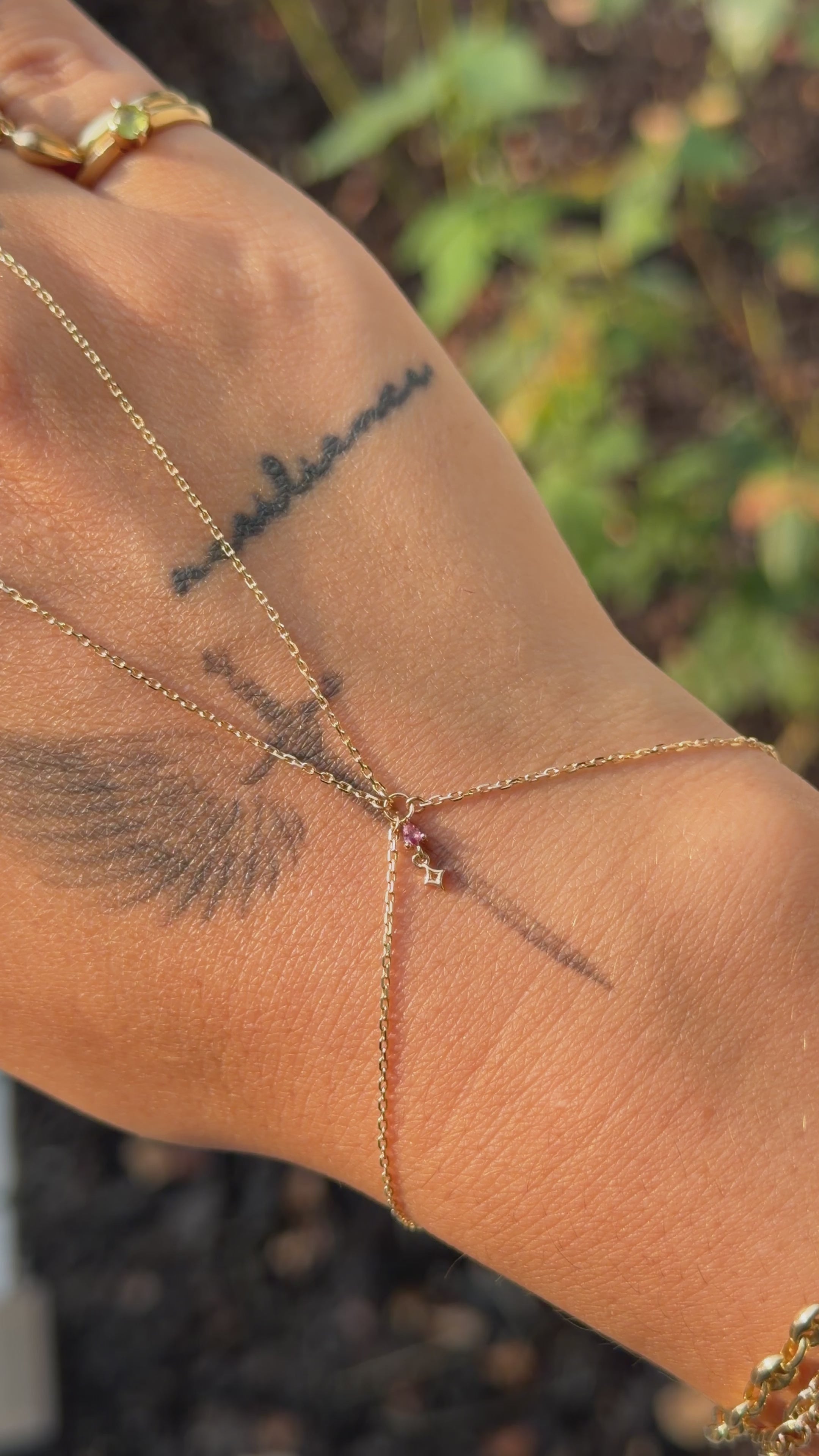 14k Gold Natural Pink Tourmaline Celestial Star Handchain