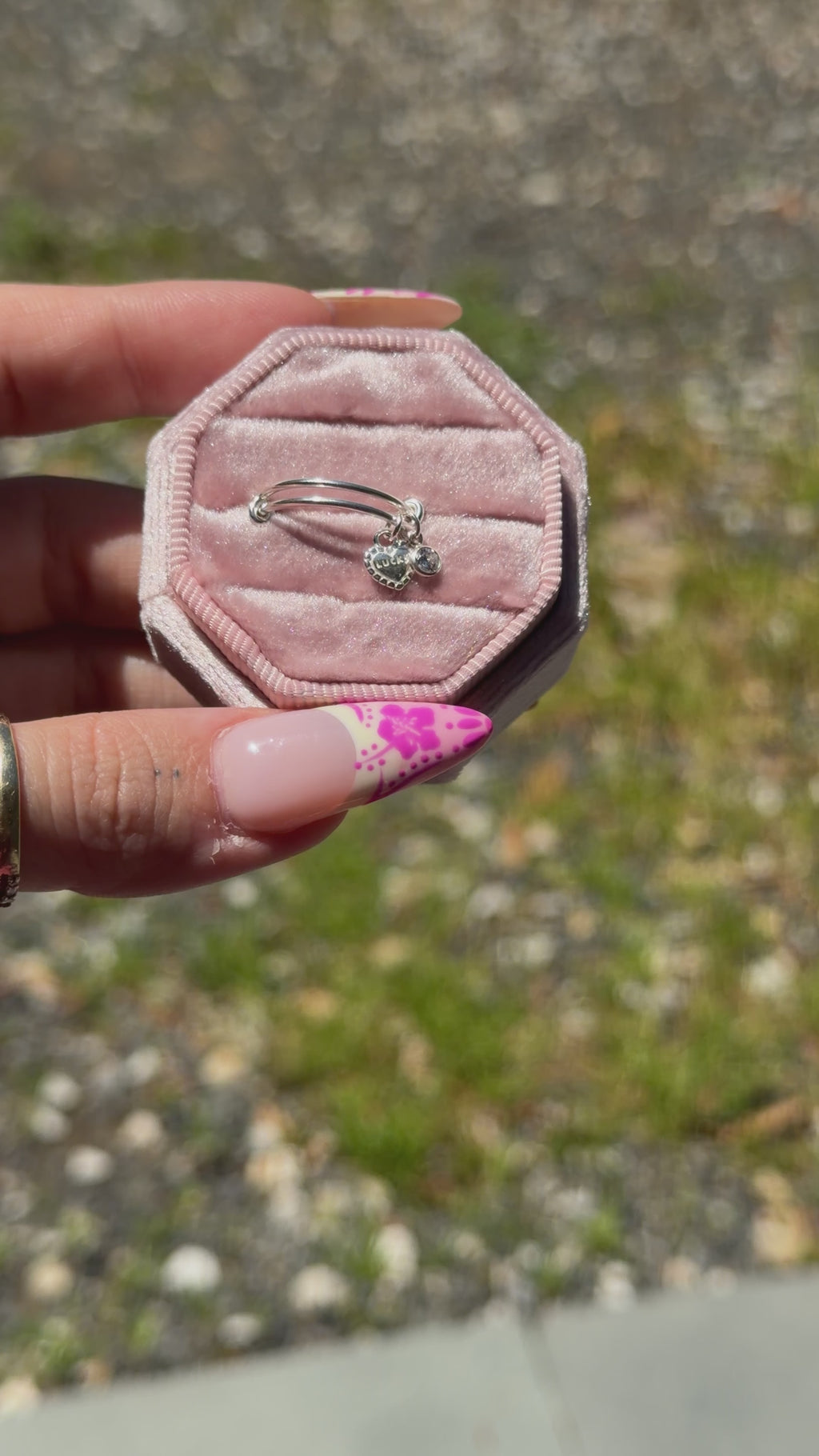 Lucky Heart & CZ Dangle Adjustable Charm Ring - Sterling Silver