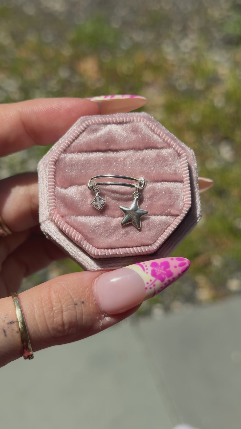 Star & CZ Dangle Adjustable Charm Ring - Sterling Silver