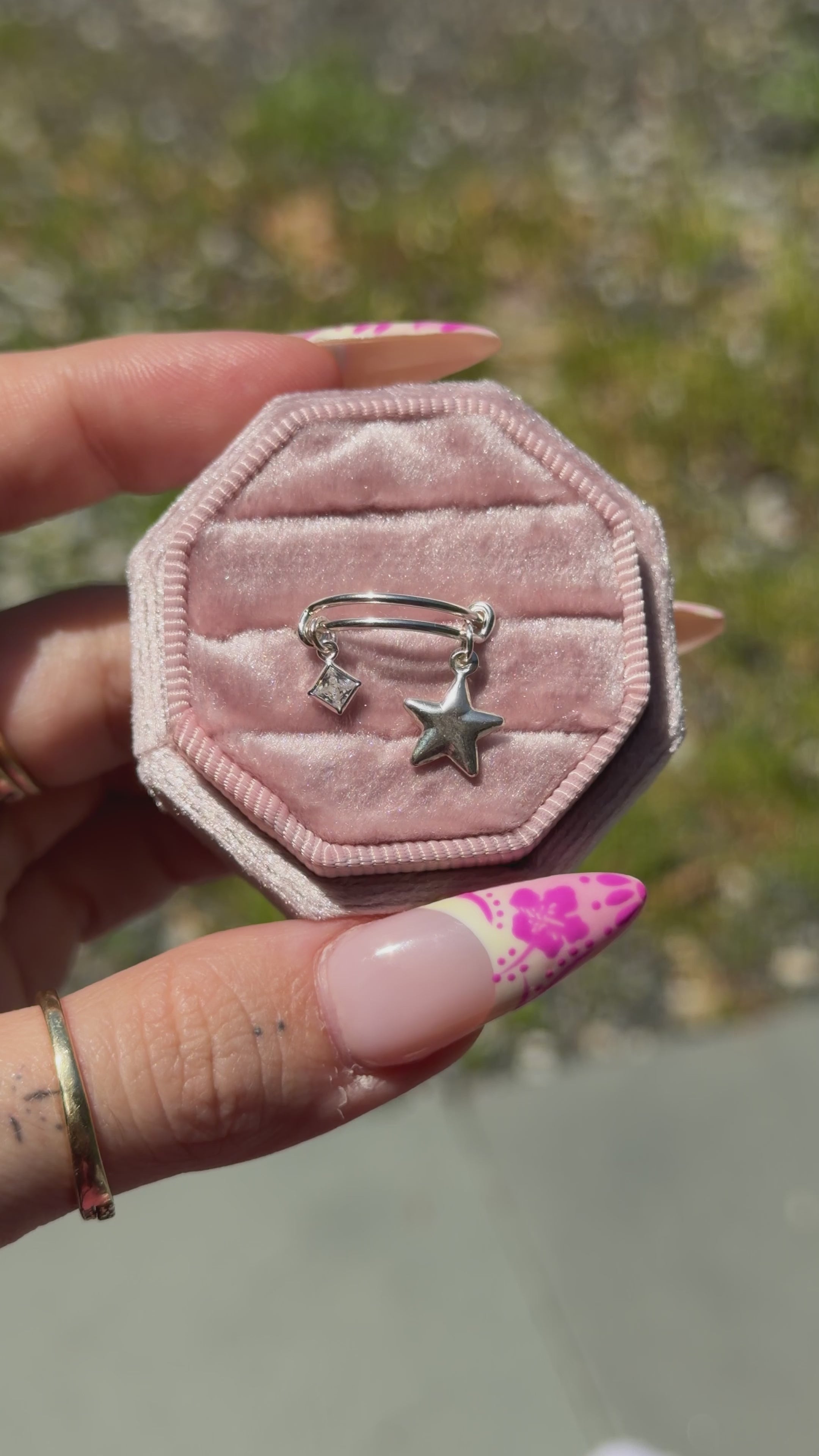 Star & CZ Dangle Adjustable Charm Ring - Sterling Silver