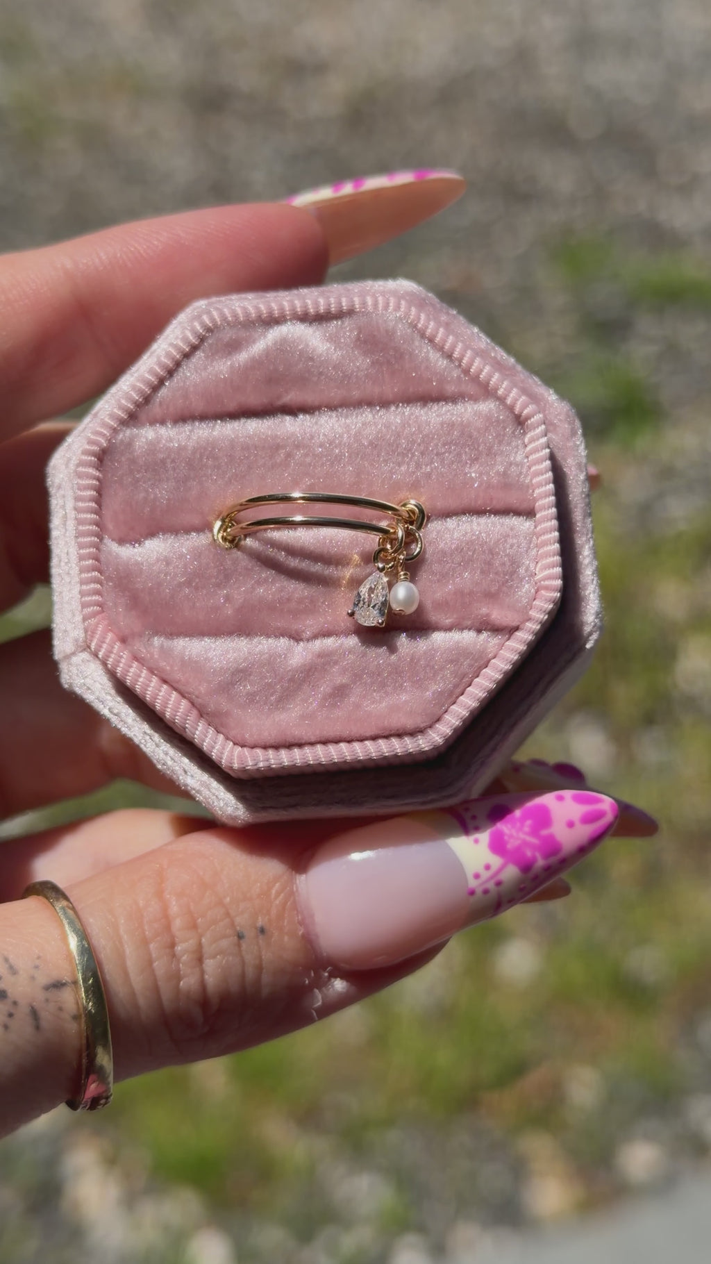 Pear CZ & Freshwater Pearl Adjustable Charm Ring - 14k Gold-Filled