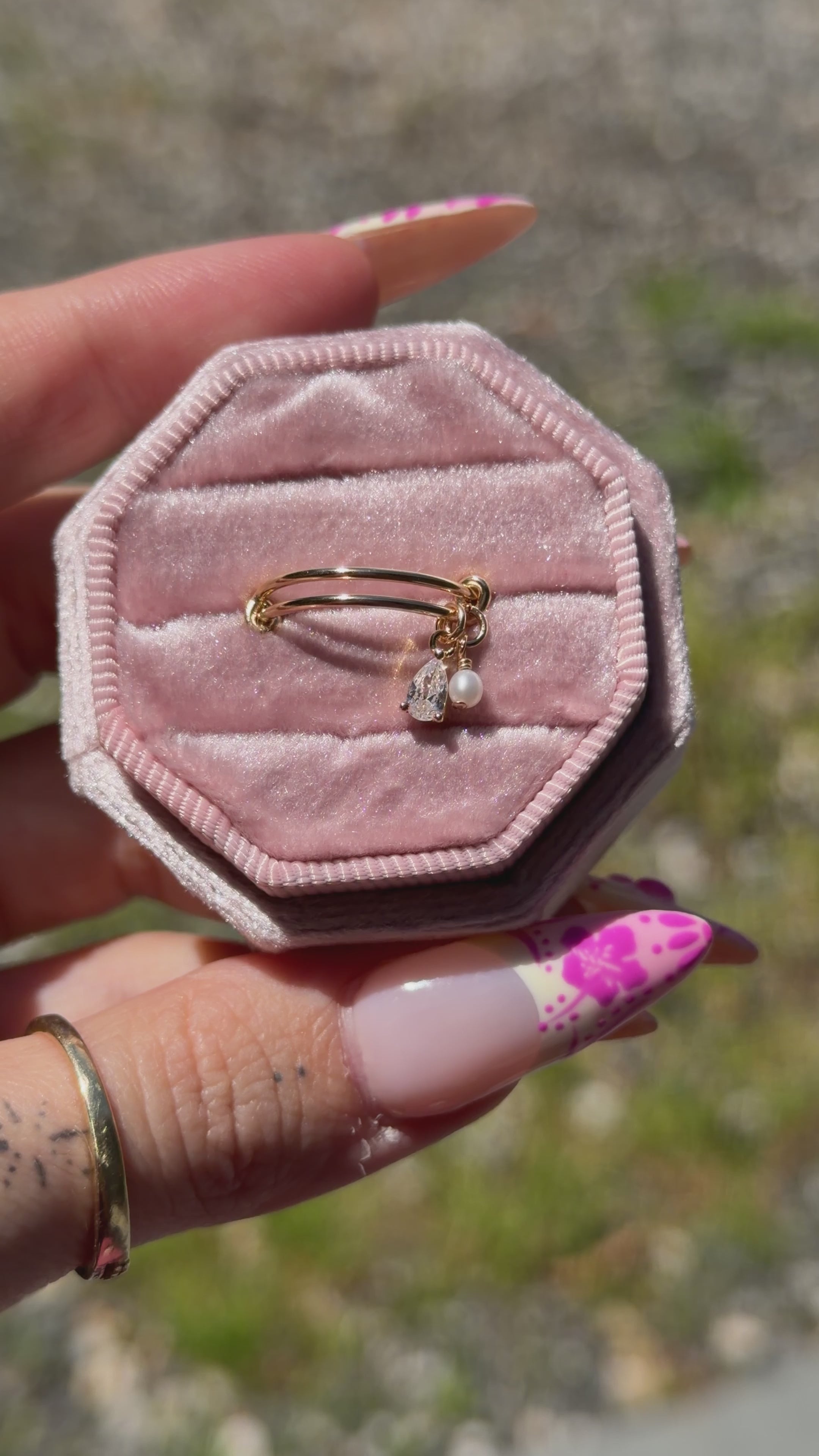 Pear CZ & Freshwater Pearl Adjustable Charm Ring - 14k Gold-Filled