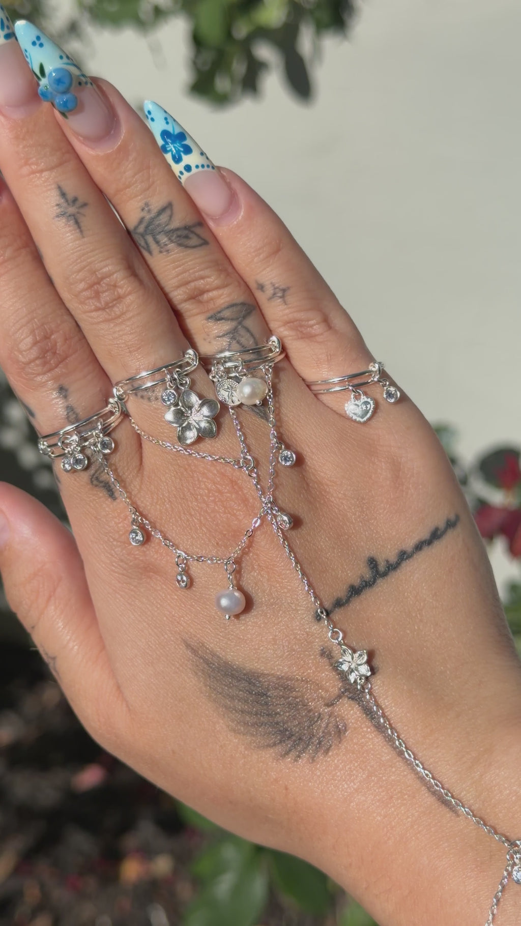 Sterling Silver Pearl and CZ Finger Chain