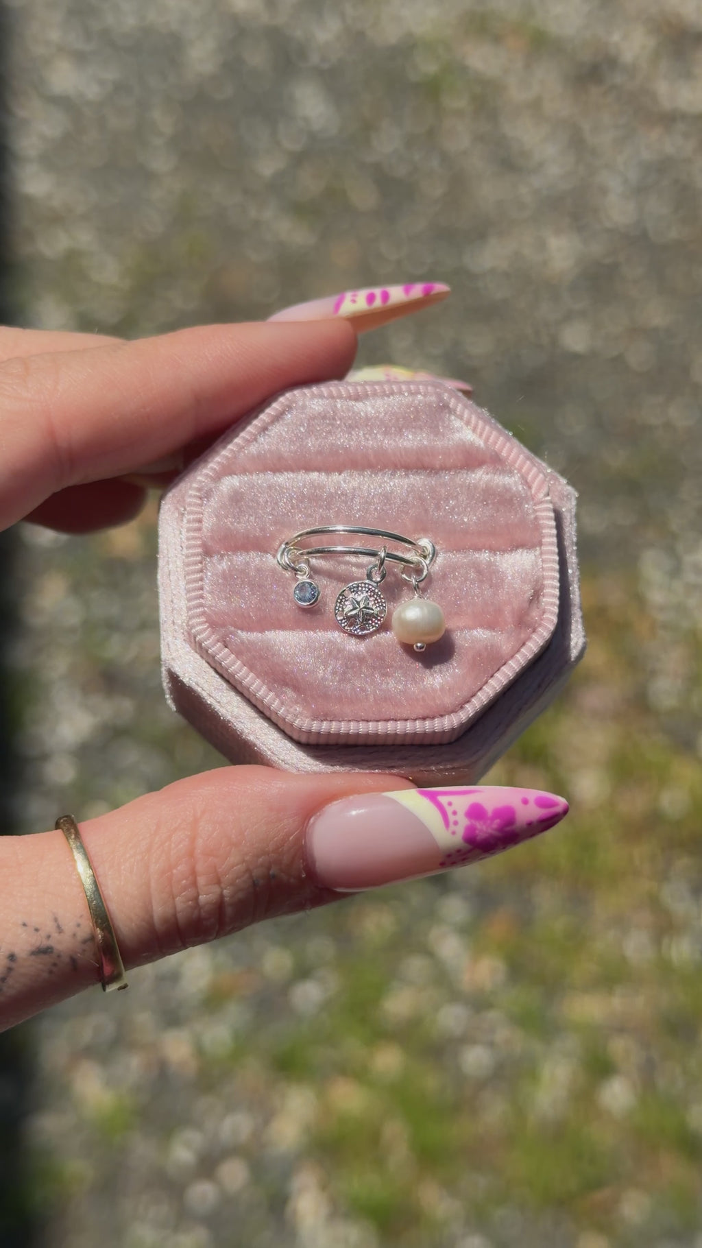 Sand Dollar, Freshwater Pearl & Blue CZ Dangle Adjustable Charm Ring - Sterling Silver