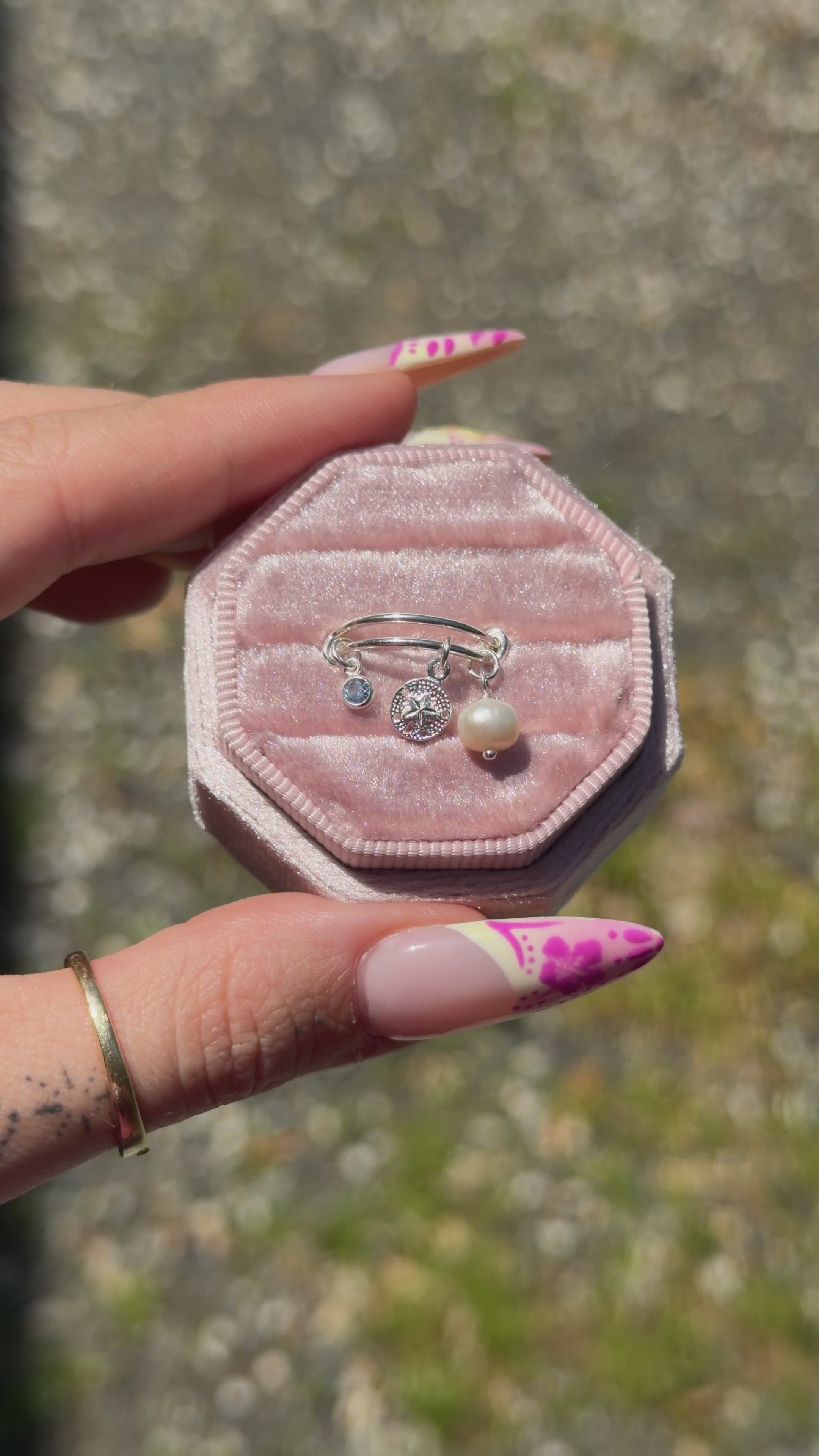 Sand Dollar, Freshwater Pearl & Blue CZ Dangle Adjustable Charm Ring - Sterling Silver