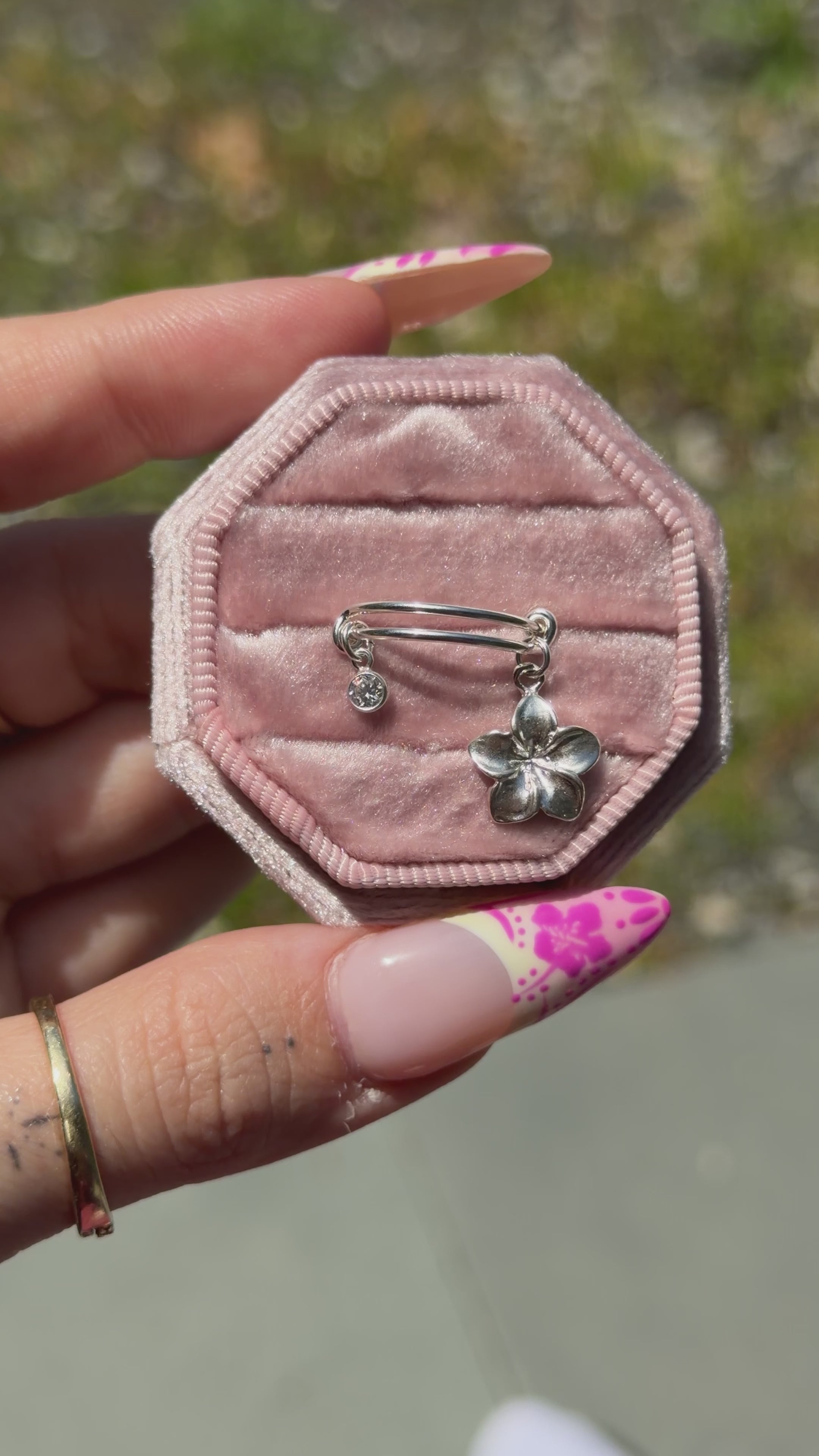 Plumeria Flower & CZ Dangle Adjustable Charm Ring - Sterling Silver