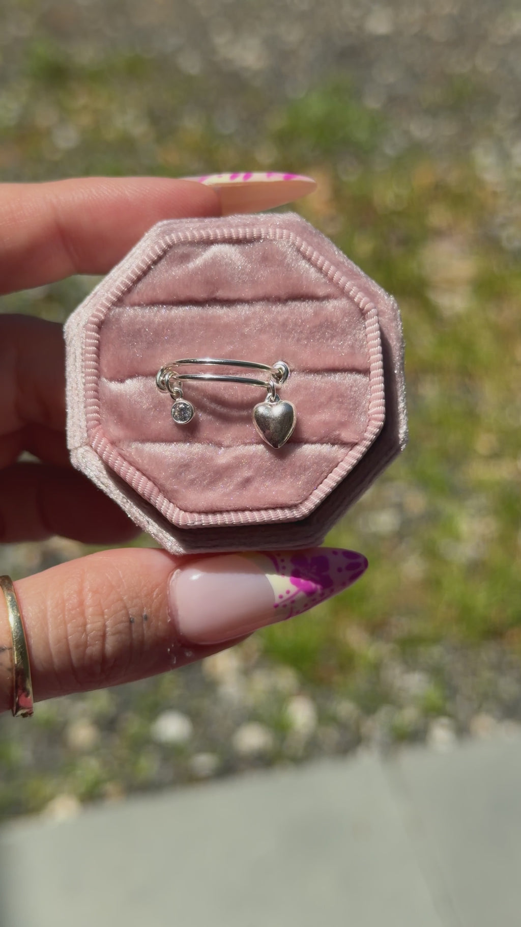 Heart & CZ Dangle Adjustable Charm Ring - Sterling Silver