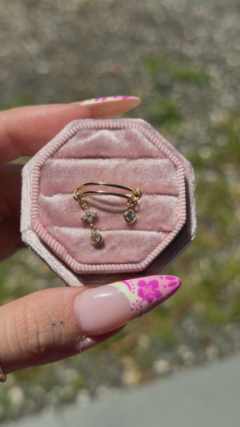 CZ Flower Dangle Adjustable Charm Ring - 14k Gold-Filled