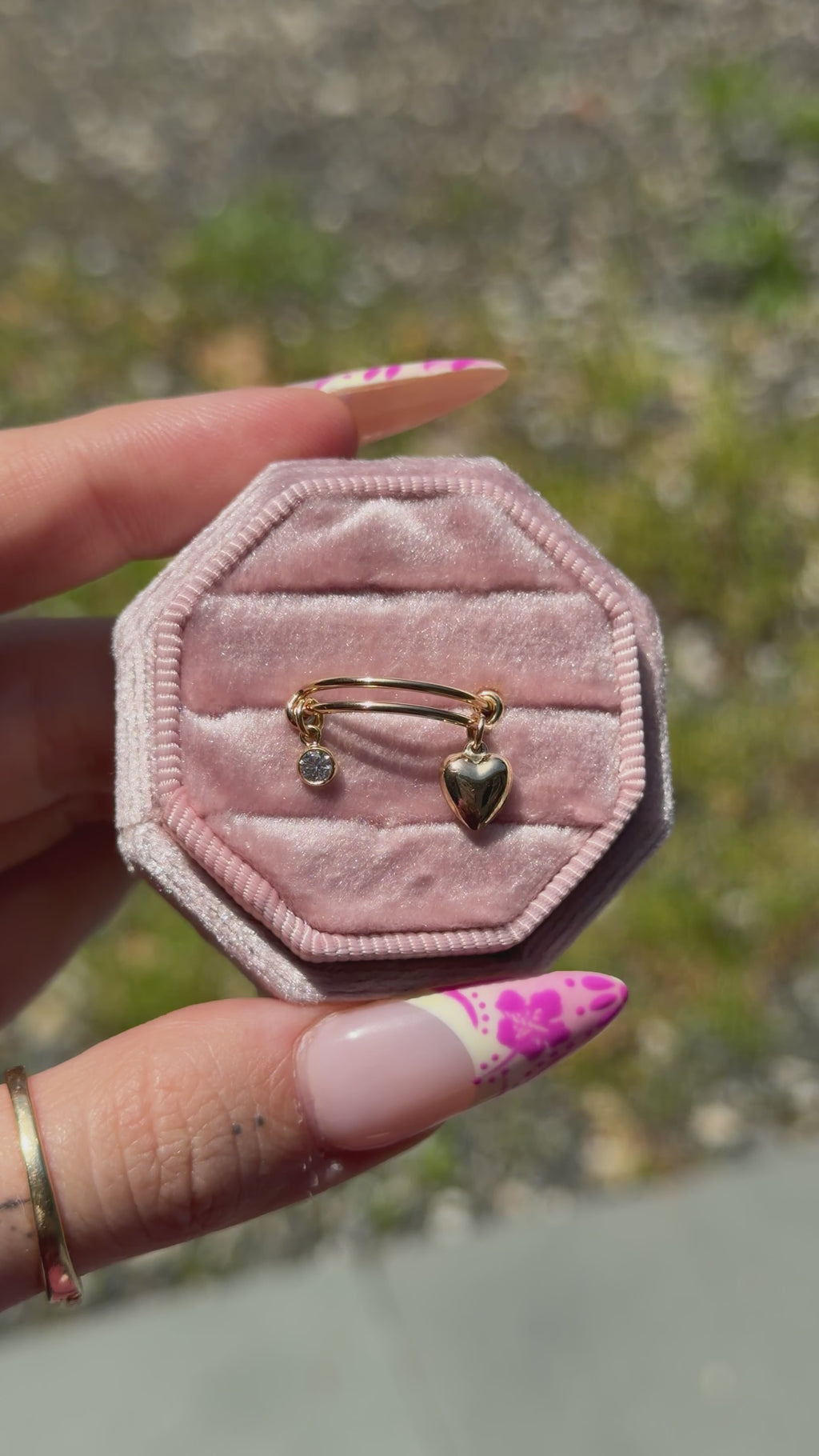 Heart & CZ Dangle Adjustable Charm Ring - 14k Gold-Filled